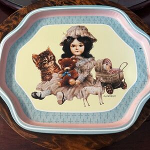 Vintage 1987 Giordano Metal Collectable Doll and Kitten Design Tray